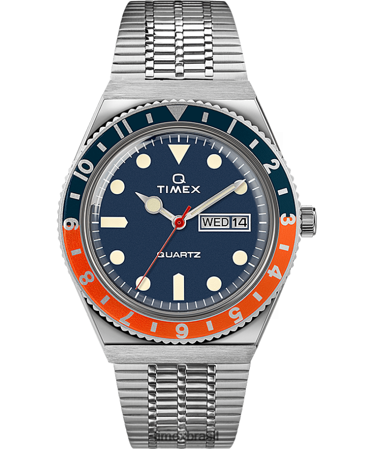 relógios | Q Timex homens reeditar relógio com pulseira de aço inoxidável de 38 mm XFN60X283 aço inoxidável/azul/laranja