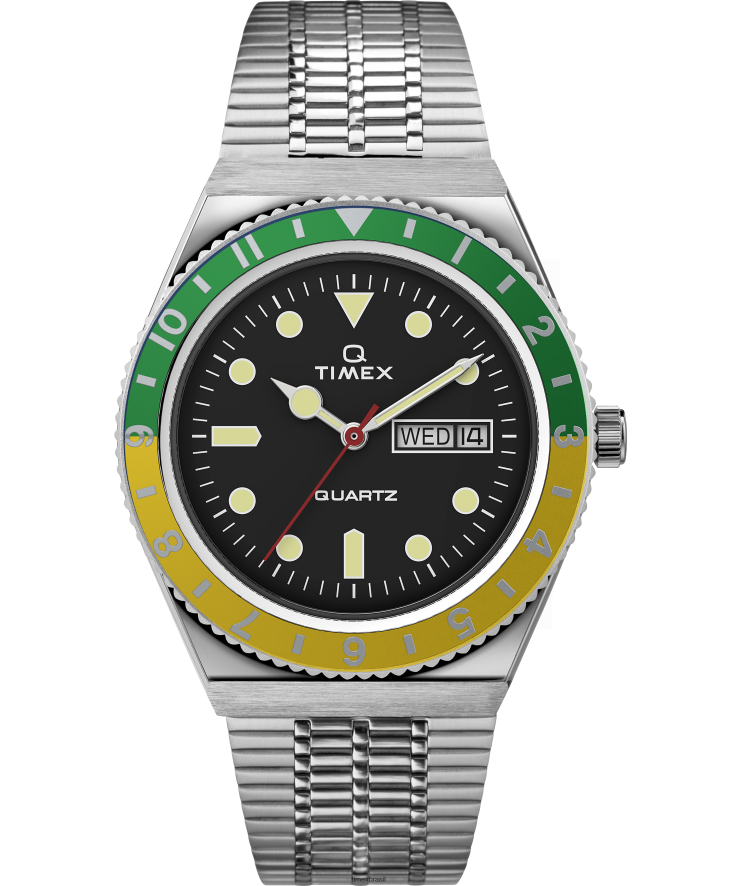 relógios | Q Timex homens reeditar relógio com pulseira de aço inoxidável de 38 mm XFN60X286 aço inoxidável/preto/verde/amarelo