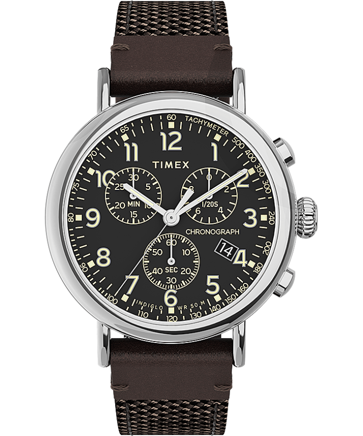 relógios | Timex homens cronógrafo padrão relógio com pulseira de tecido e couro de 41 mm XFN60X312 tom prateado/marrom/preto