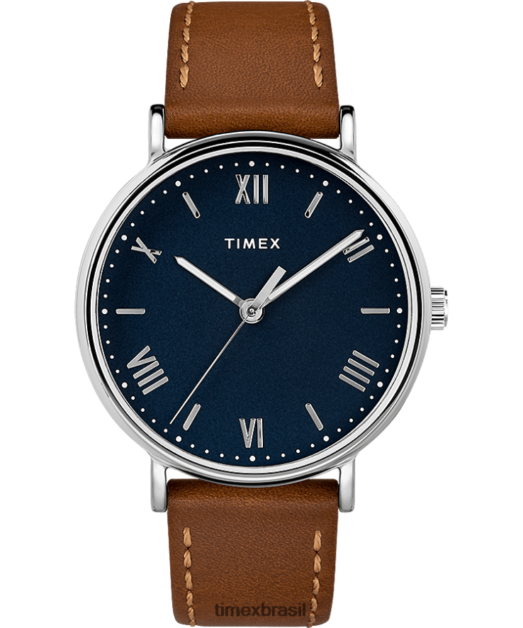 relógios | Timex homens relógio com pulseira de couro Southview 41 mm XFN60X285 cromo/marrom/azul