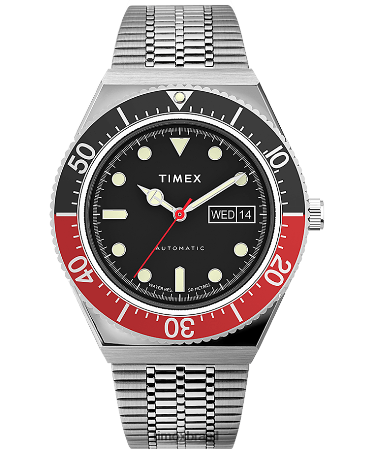 relógios | Timex homens relógio automático com pulseira de aço inoxidável m79 de 40 mm XFN60X47 aço inoxidável/preto/vermelho