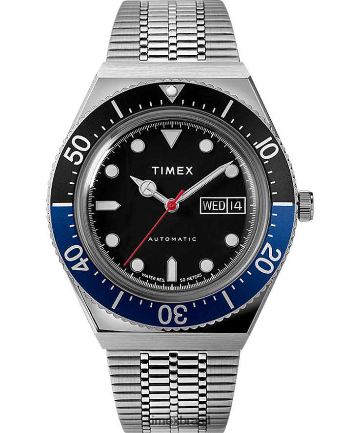 relógios | Timex homens relógio automático com pulseira de aço inoxidável m79 de 40 mm XFN60X48 aço inoxidável/preto/azul