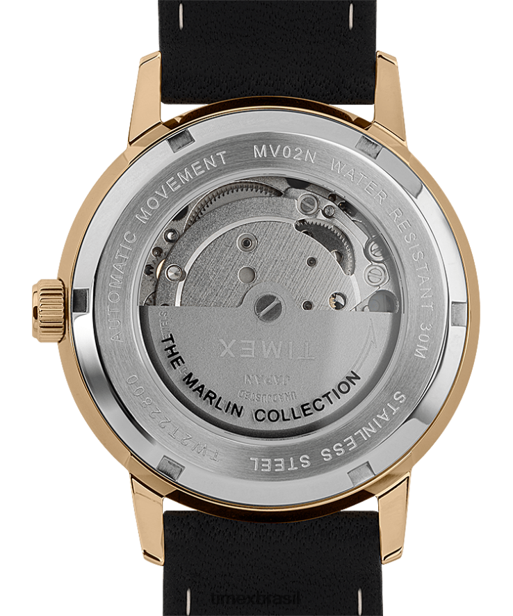 relógios | Timex homens relógio automático marlin com pulseira de couro de 40 mm XFN60X59 preto/dourado