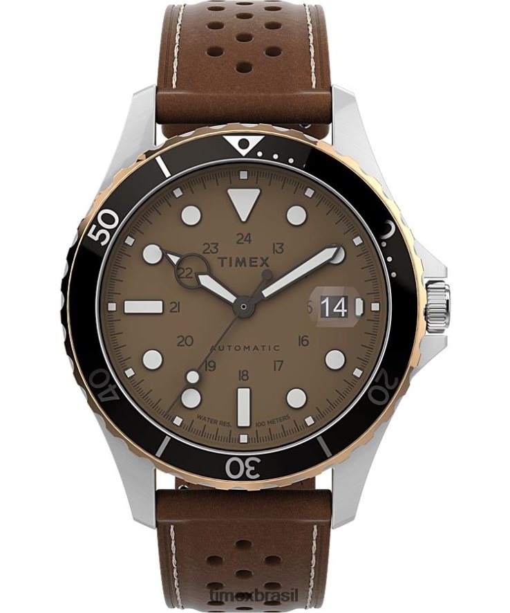 relógios | Timex homens relógio navi xl automático com pulseira de couro de 41 mm XFN60X50 aço inoxidável/marrom/bronzeado/dourado