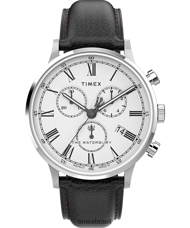 relógios | Timex homens Relógio com pulseira de couro com cronógrafo clássico Waterbury de 40 mm XFN60X106 aço inoxidável/preto/branco