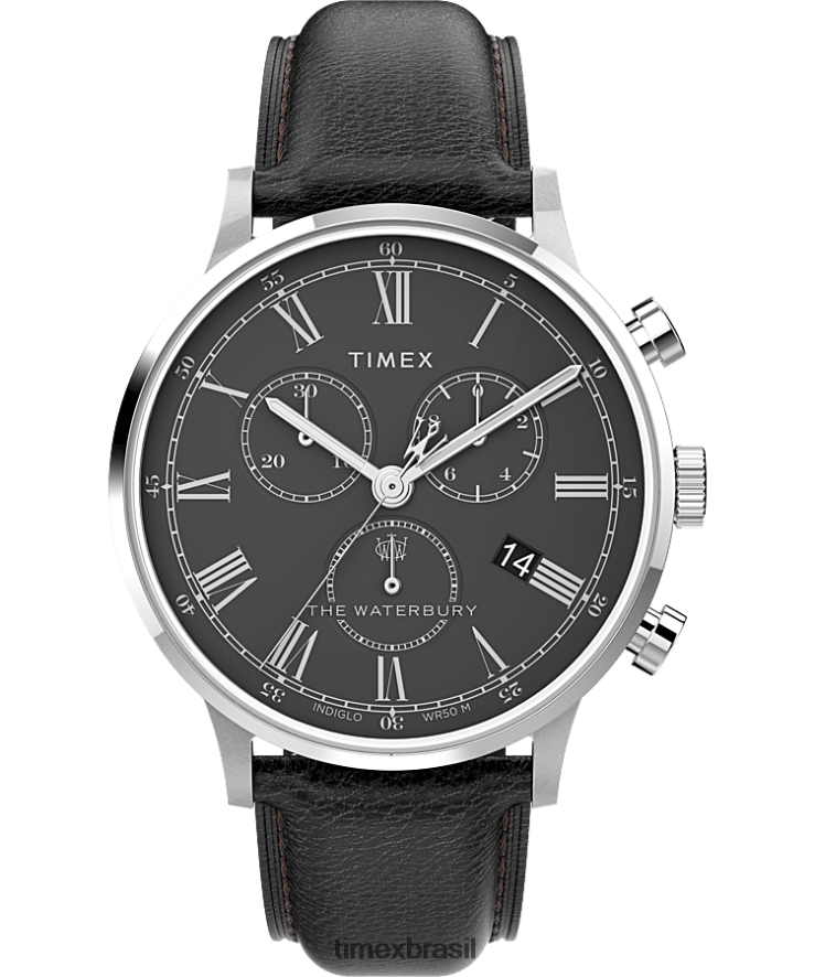 relógios | Timex homens Relógio com pulseira de couro com cronógrafo clássico Waterbury de 40 mm XFN60X87 aço inoxidável/preto