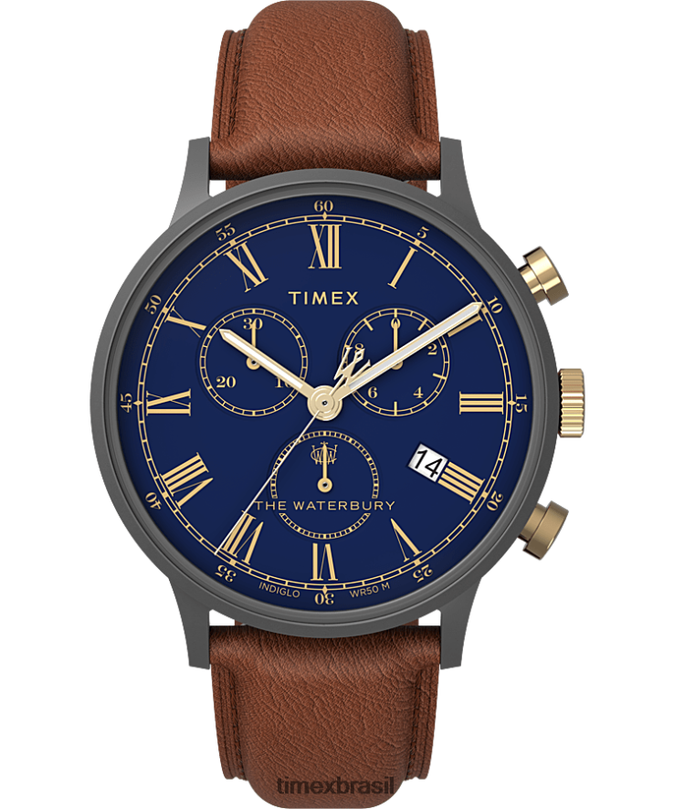 relógios | Timex homens Relógio com pulseira de couro com cronógrafo clássico Waterbury de 40 mm XFN60X92 bronze/marrom/azul