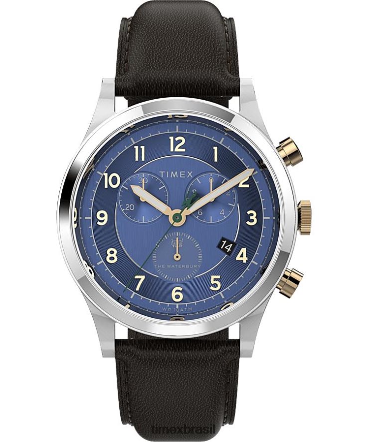relógios | Timex homens Relógio com pulseira de couro com cronógrafo tradicional Waterbury de 42 mm XFN60X83 aço inoxidável/azul