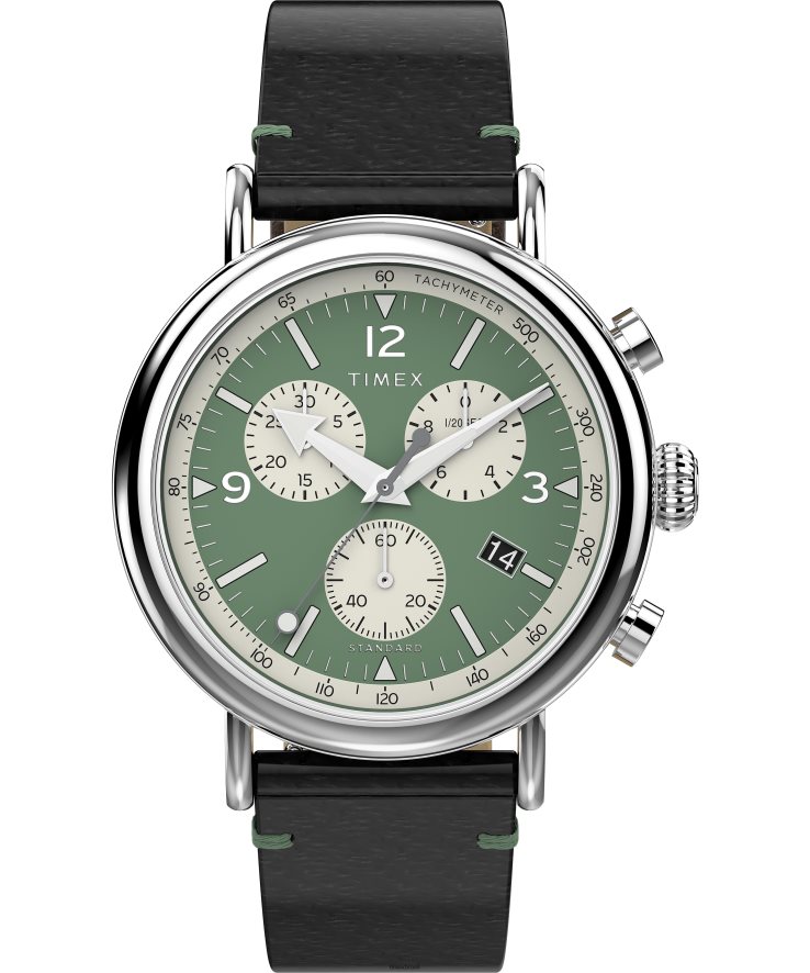 relógios | Timex homens Relógio com pulseira de couro ecológico com cronógrafo padrão de 41 mm XFN60X103 tom prateado/marrom/verde