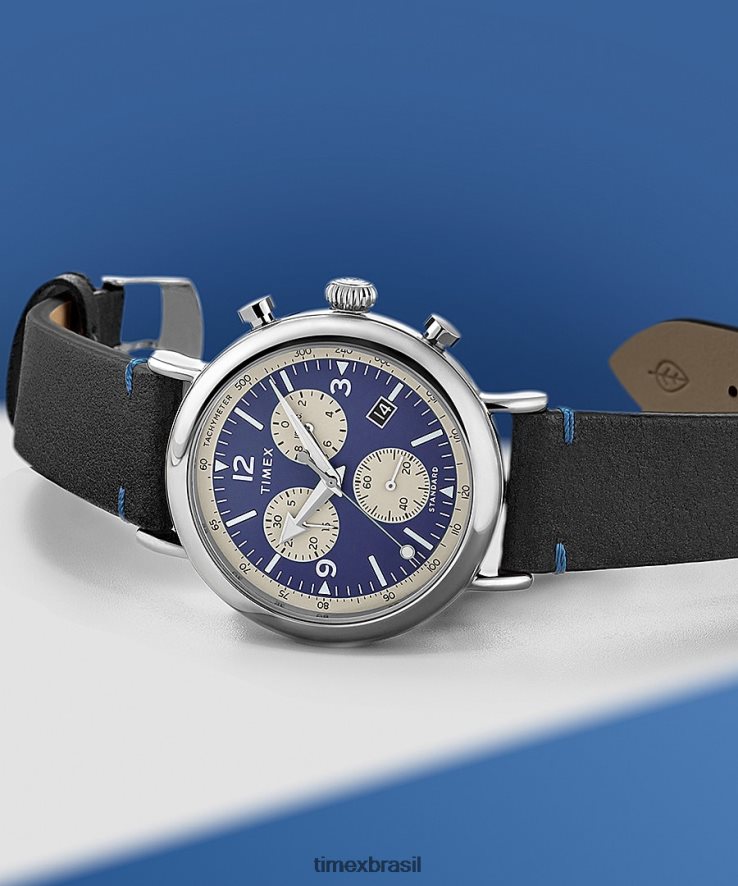 relógios | Timex homens Relógio com pulseira de couro ecológico com cronógrafo padrão de 41 mm XFN60X98 tom prateado/preto/azul