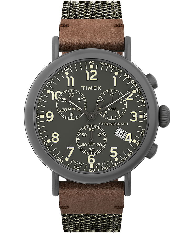 relógios | Timex homens cronógrafo padrão relógio com pulseira de tecido e couro de 41 mm XFN60X96 bronze/verde