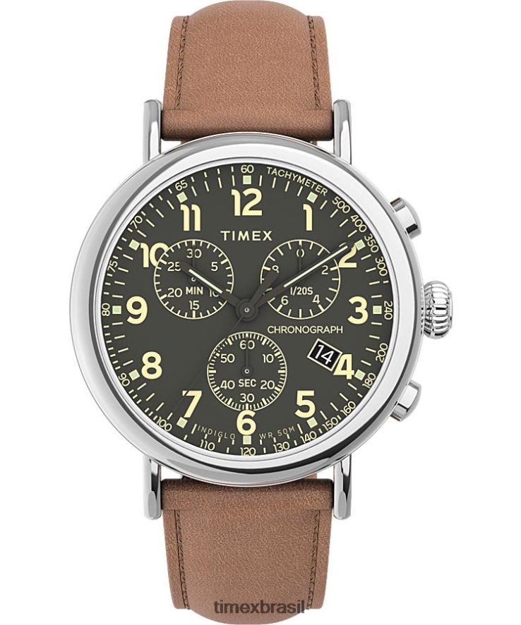 relógios | Timex homens relógio com pulseira de couro cronógrafo padrão de 41 mm XFN60X101 tom prateado/marrom/verde