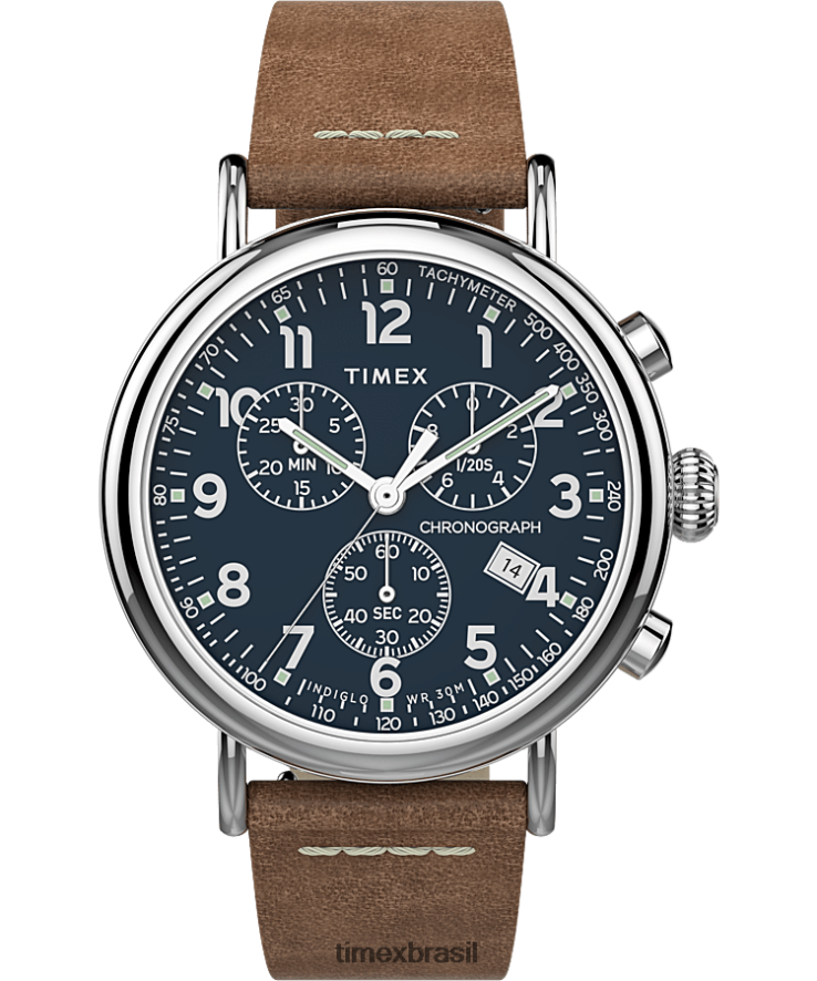 relógios | Timex homens relógio com pulseira de couro cronógrafo padrão de 41 mm XFN60X102 tom prateado/bronzeado/azul