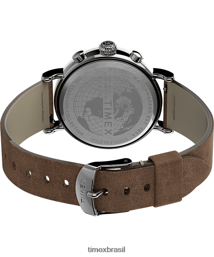 relógios | Timex homens relógio com pulseira de couro cronógrafo padrão de 41 mm XFN60X102 tom prateado/bronzeado/azul