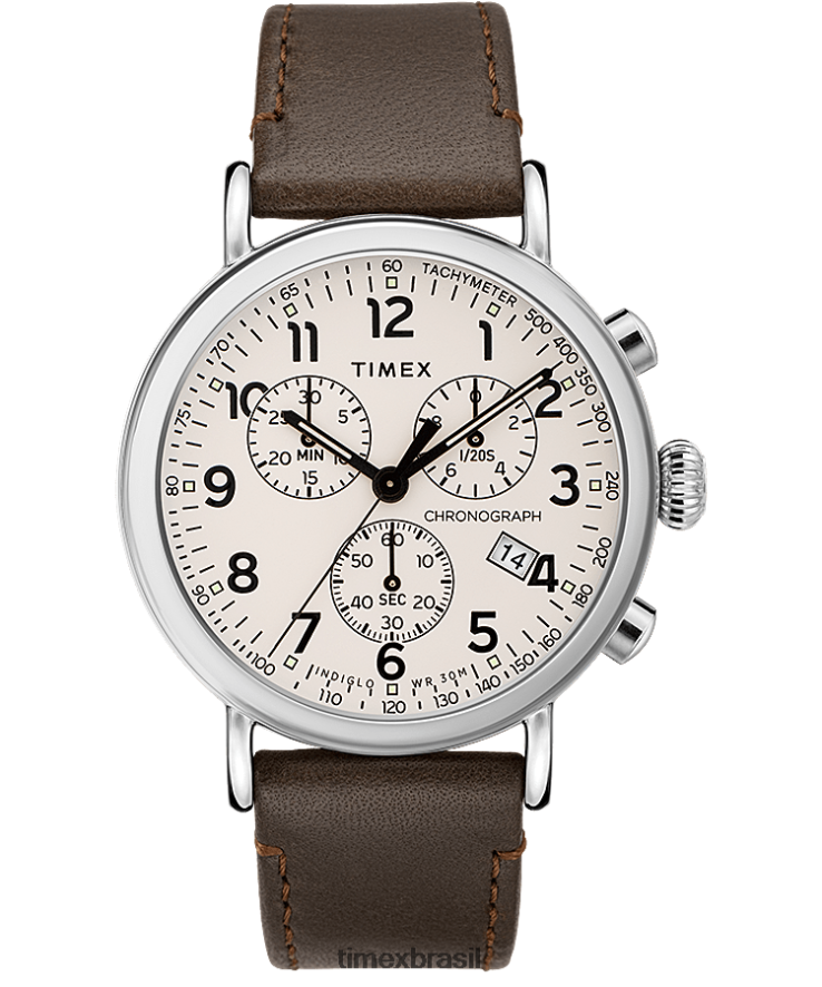 relógios | Timex homens relógio com pulseira de couro cronógrafo padrão de 41 mm XFN60X90 tom prateado/marrom/creme