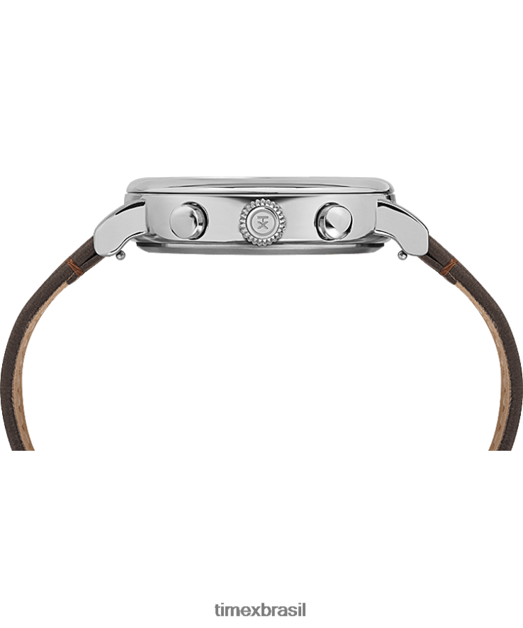 relógios | Timex homens relógio com pulseira de couro cronógrafo padrão de 41 mm XFN60X90 tom prateado/marrom/creme