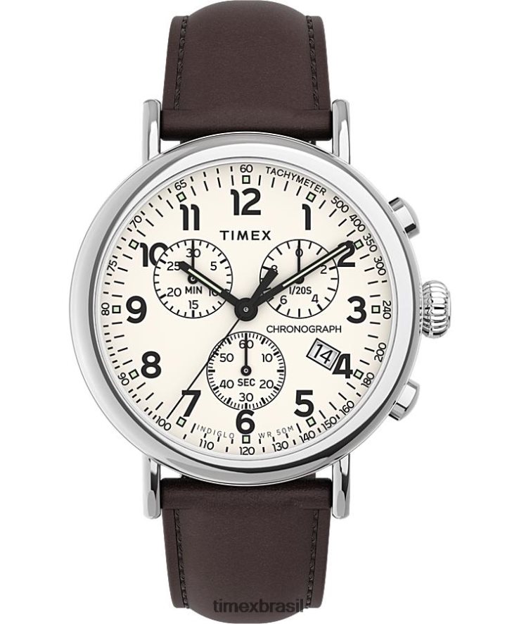 relógios | Timex homens relógio com pulseira de couro cronógrafo padrão de 41 mm XFN60X97 tom prateado/marrom/creme