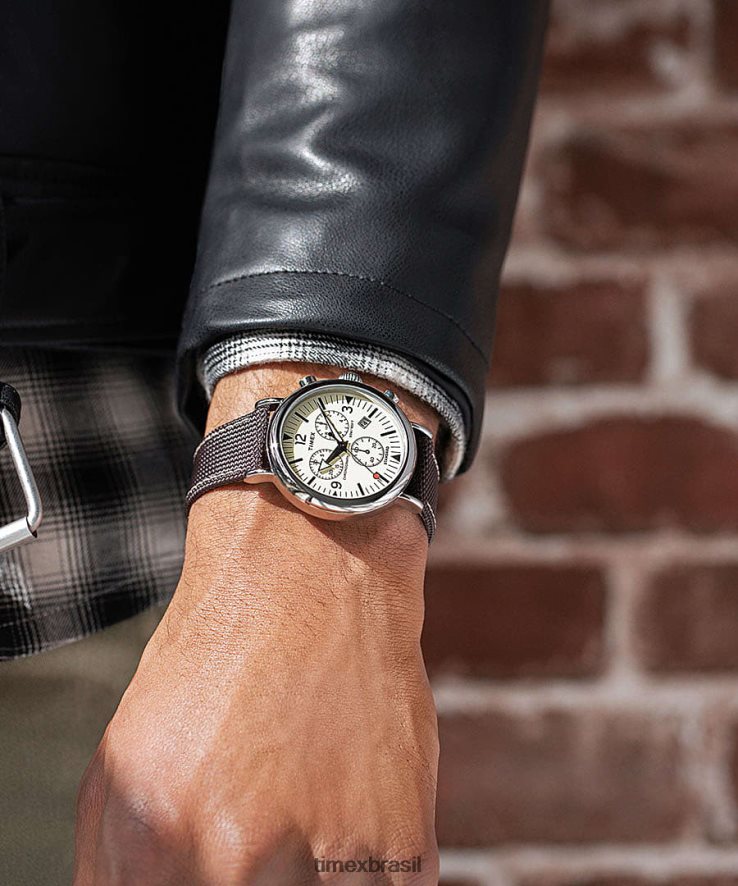 relógios | Timex homens relógio com pulseira de tecido cronógrafo padrão de 41 mm XFN60X95 tom prateado/marrom/creme