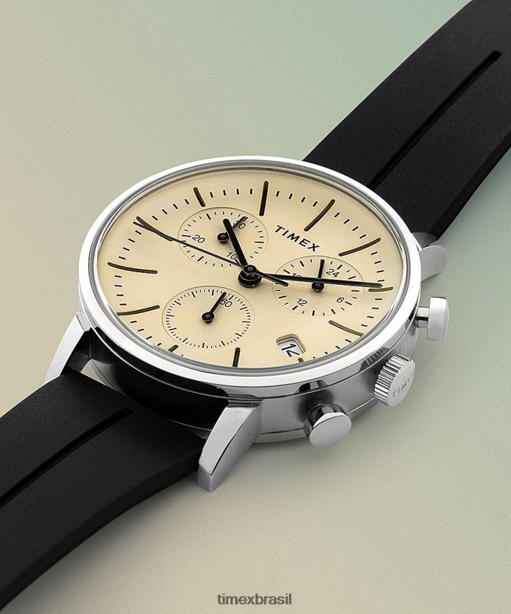 relógios | Timex homens relógio midtown cronógrafo com pulseira de borracha sintética de 40 mm XFN60X84 aço inoxidável/preto/champanhe