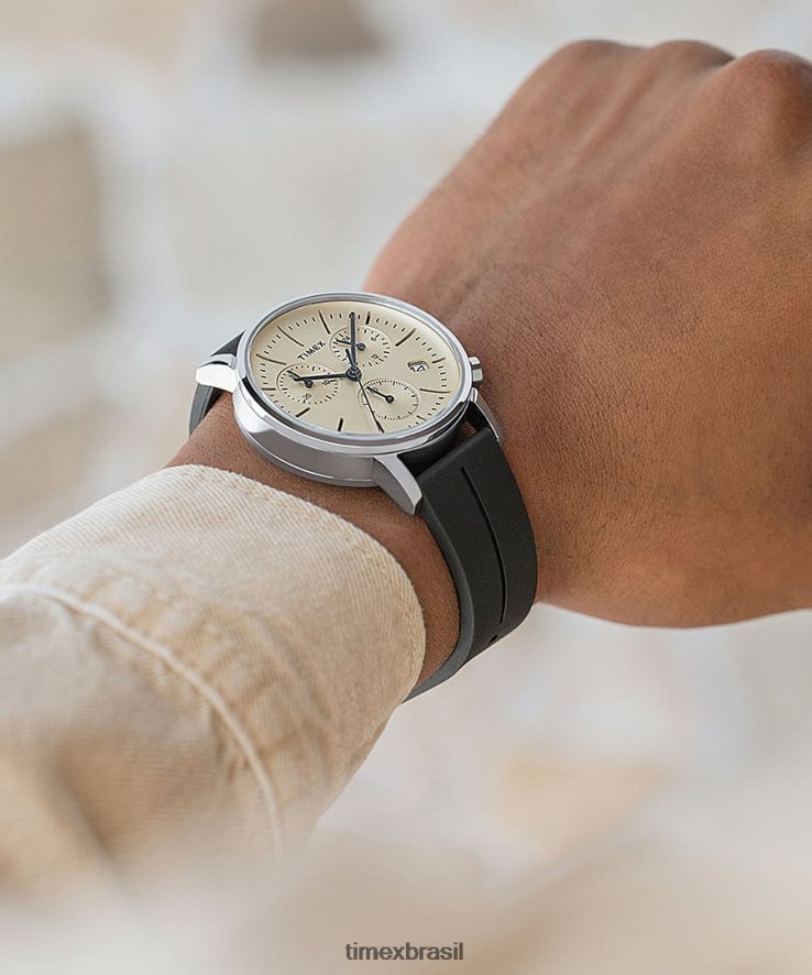 relógios | Timex homens relógio midtown cronógrafo com pulseira de borracha sintética de 40 mm XFN60X84 aço inoxidável/preto/champanhe