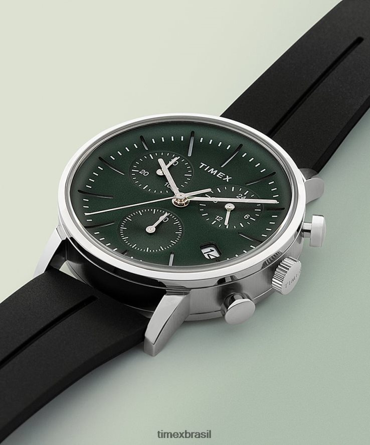 relógios | Timex homens relógio midtown cronógrafo com pulseira de borracha sintética de 40 mm XFN60X85 aço inoxidável/preto/verde