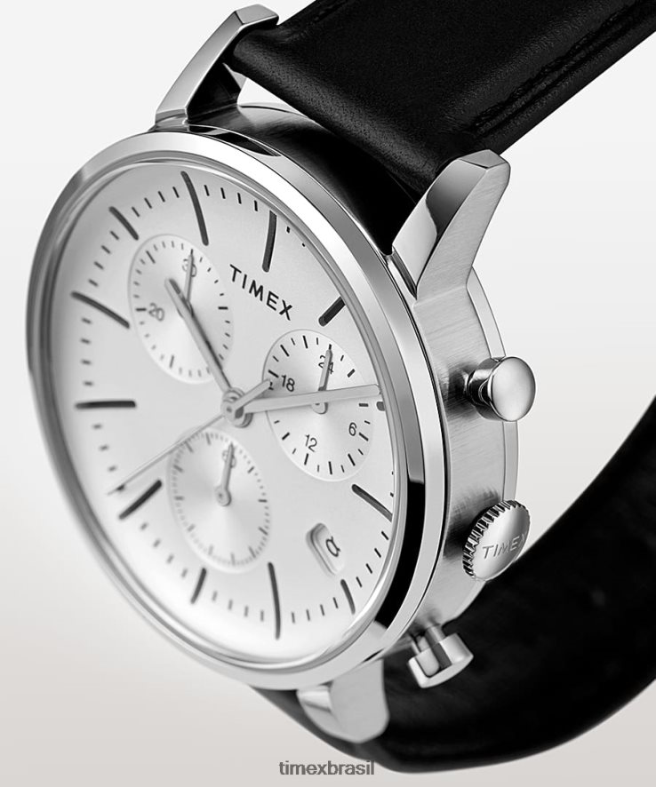 relógios | Timex homens relógio midtown cronógrafo com pulseira de couro de 40 mm XFN60X93 aço inoxidável/marrom/branco