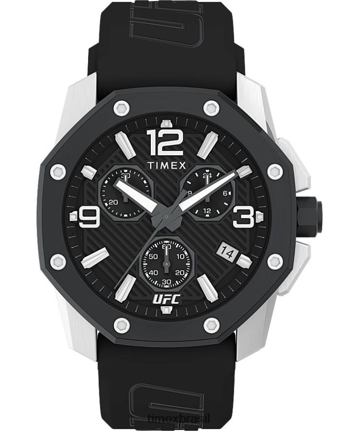 relógios | Timex homens relógio ufc icon cronógrafo com pulseira de silicone de 45 mm XFN60X100 tom prateado/preto