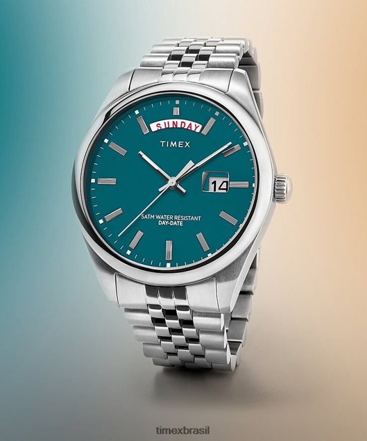 relógios | Timex homens relógio legado com pulseira de aço inoxidável de 41 mm com dia e data XFN60X163 aço inoxidável/azul-petróleo