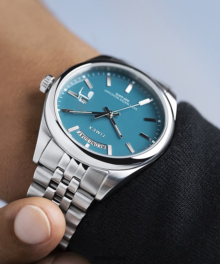 relógios | Timex homens relógio legado com pulseira de aço inoxidável de 41 mm com dia e data XFN60X163 aço inoxidável/azul-petróleo