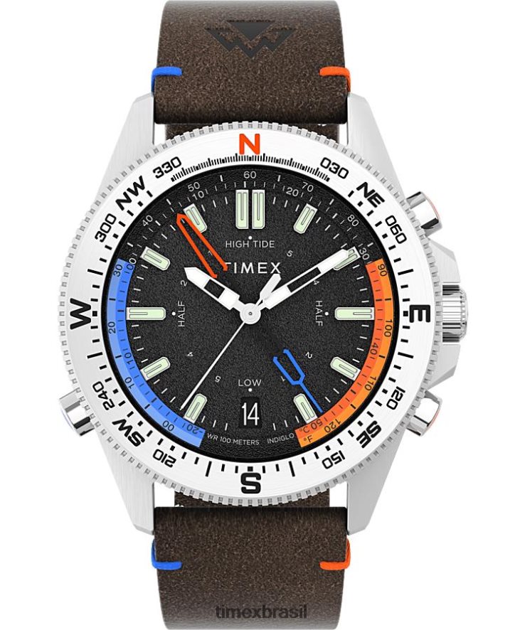 relógios | Timex homens Expedição North Tide-Temp-Compass Relógio com pulseira de couro ecológico de 43 mm XFN60X203 aço inoxidável/marrom/preto
