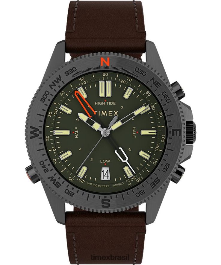 relógios | Timex homens Expedição North Tide-Temp-Compass Relógio com pulseira de couro ecológico de 43 mm XFN60X226 bronze/marrom/verde