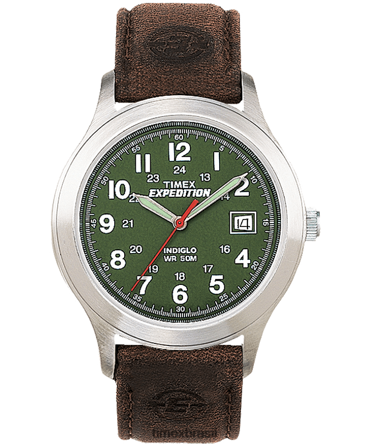 relógios | Timex homens Relógio com pulseira de couro Expedição Metal Field 39mm XFN60X182 tom prateado/marrom/verde