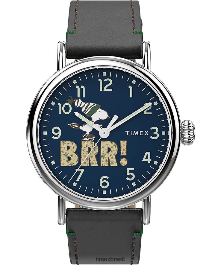 relógios | Timex homens Standard x Peanuts com relógio Snoopy Winter com pulseira de couro de 40 mm XFN60X197 tom prateado/marrom/azul