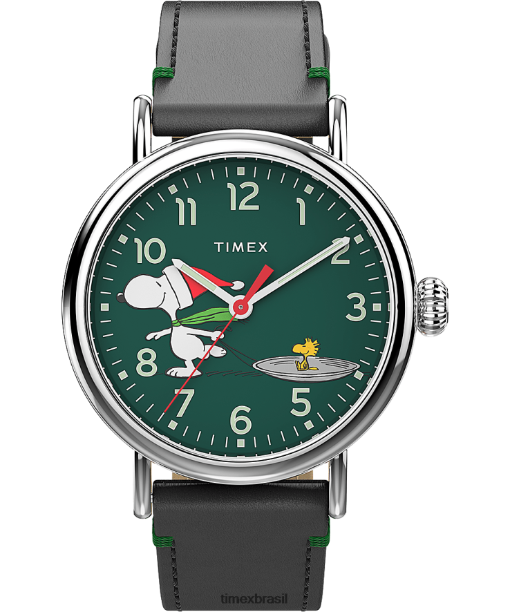 relógios | Timex homens padrão x amendoim com patinação no gelo snoopy relógio com pulseira de couro de 40 mm XFN60X184 tom prateado/preto/verde