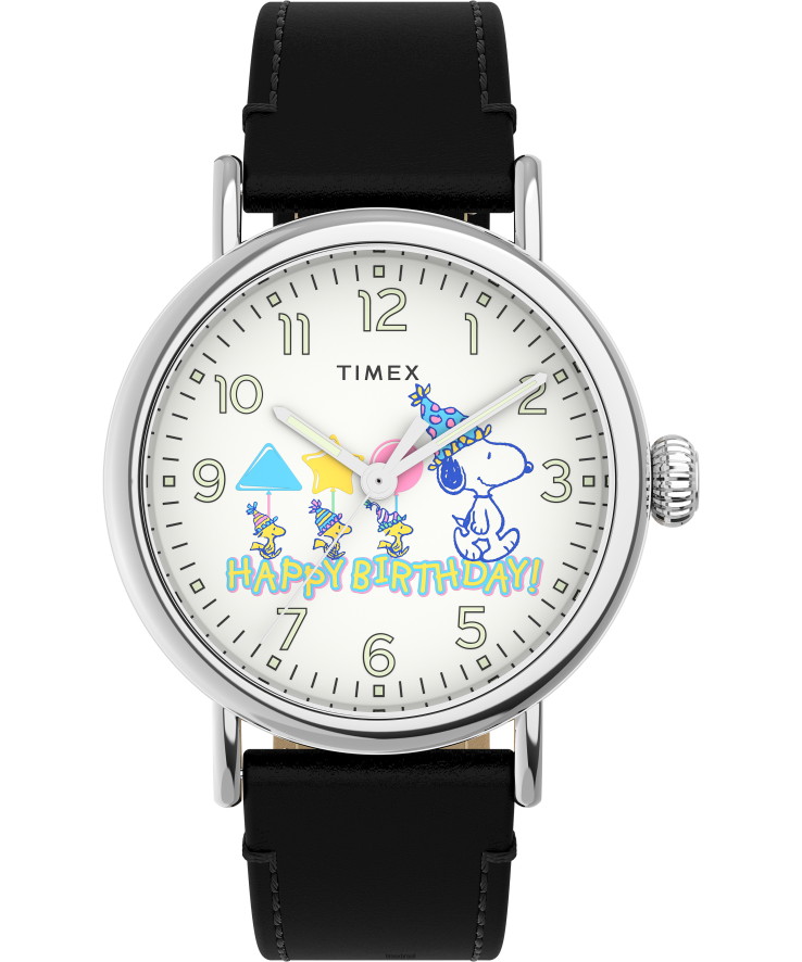 relógios | Timex homens padrão x amendoim com snoopy feliz aniversário relógio com pulseira de couro de 40 mm XFN60X204 tom prateado/preto/branco