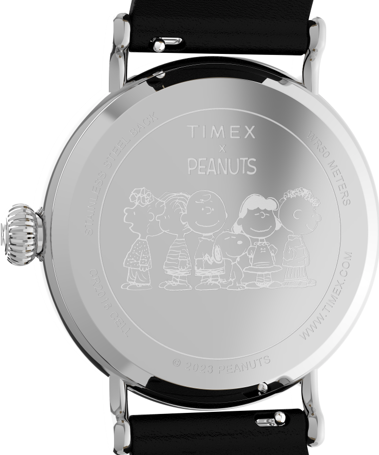 relógios | Timex homens padrão x amendoim com snoopy feliz aniversário relógio com pulseira de couro de 40 mm XFN60X204 tom prateado/preto/branco
