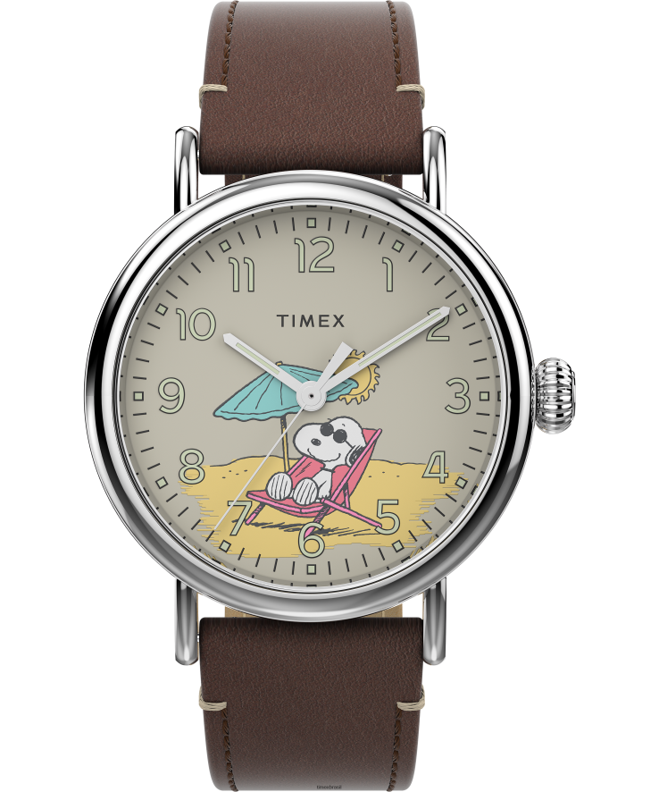 relógios | Timex homens padrão x amendoim com snoopy na praia relógio com pulseira de couro de 40 mm XFN60X225 tom prateado/marrom/bronzeado