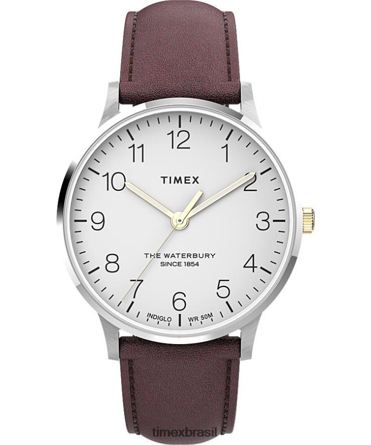 relógios | Timex homens relógio clássico com pulseira de couro waterbury 40 mm XFN60X231 em aço inoxidável/branco