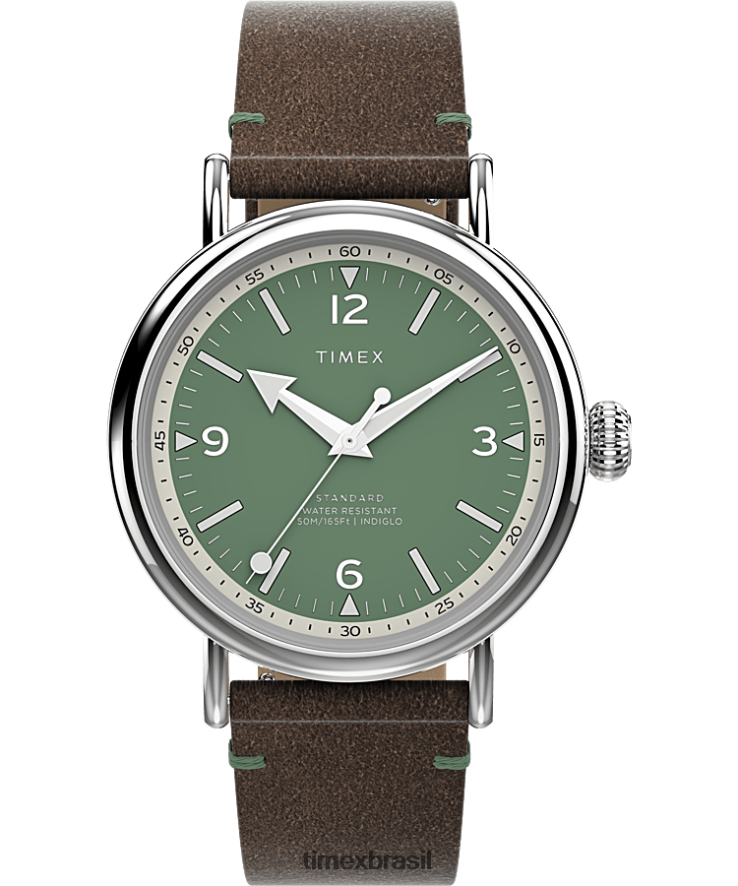 relógios | Timex homens relógio com pulseira de couro ecológico padrão de 40 mm XFN60X179 tom prateado/marrom/verde