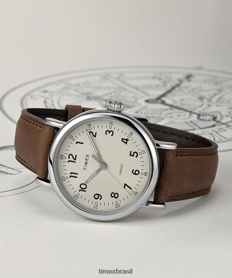 relógios | Timex homens relógio com pulseira de couro padrão de 40 mm XFN60X195 tom prateado/marrom/creme