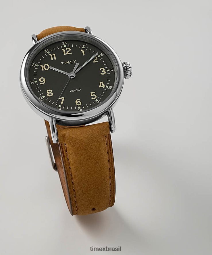 relógios | Timex homens relógio com pulseira de couro padrão de 40 mm XFN60X216 tom prateado/marrom/verde