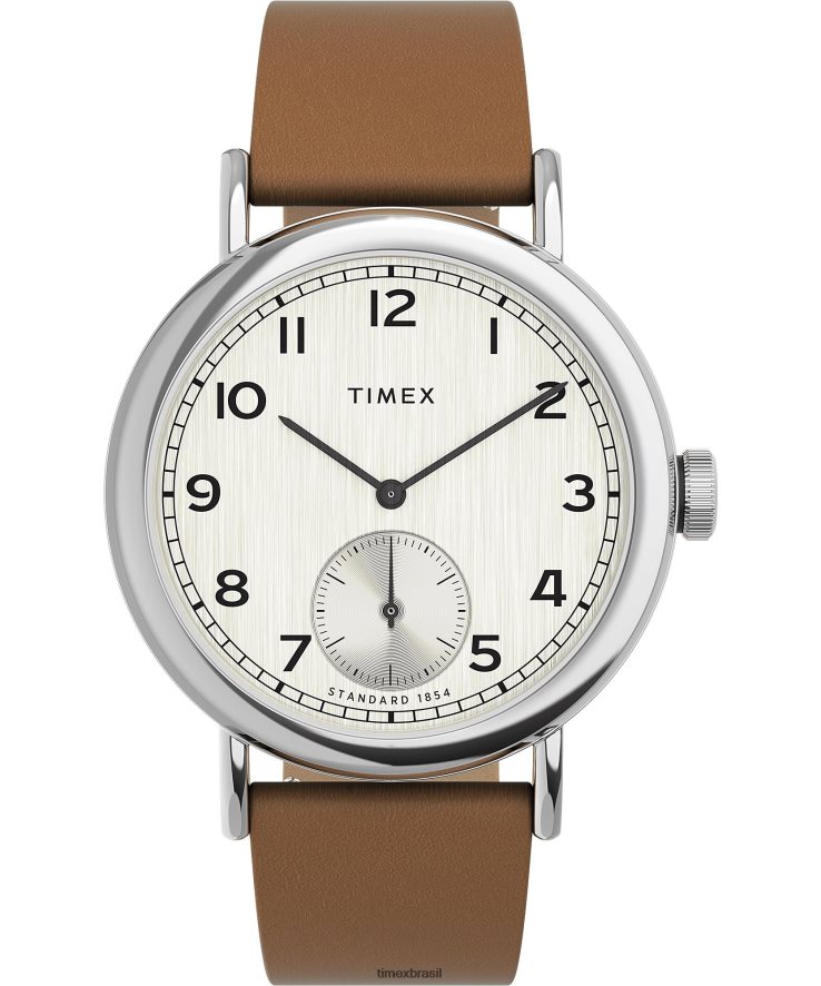 relógios | Timex homens relógio padrão com pulseira de couro de pele de maçã de 40 mm em subsegundos XFN60X183 tom prateado/marrom/champanhe