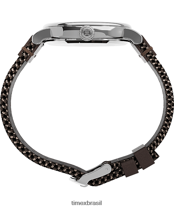 relógios | Timex homens relógio padrão de tecido e pulseira de couro de 40 mm XFN60X201 tom prateado/marrom/preto