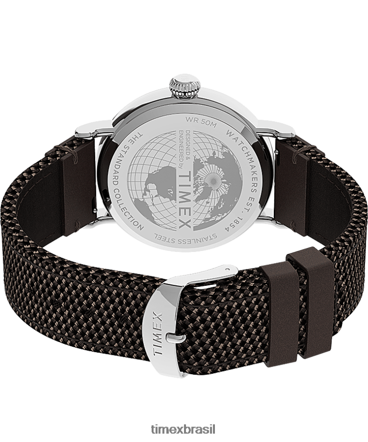 relógios | Timex homens relógio padrão de tecido e pulseira de couro de 40 mm XFN60X201 tom prateado/marrom/preto
