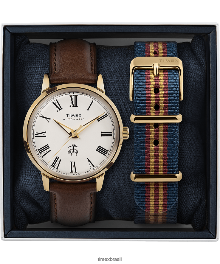 relógios | Timex x homens Brooks Brothers conjunto de pulseira de couro e pulseira de tecido marlin em tom dourado automático de 38 mm XFN60X175 aço inoxidável/marrom/creme