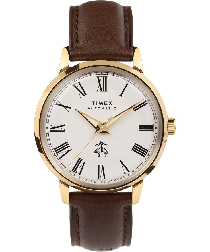 relógios | Timex x homens Brooks Brothers conjunto de pulseira de couro e pulseira de tecido marlin em tom dourado automático de 38 mm XFN60X175 aço inoxidável/marrom/creme