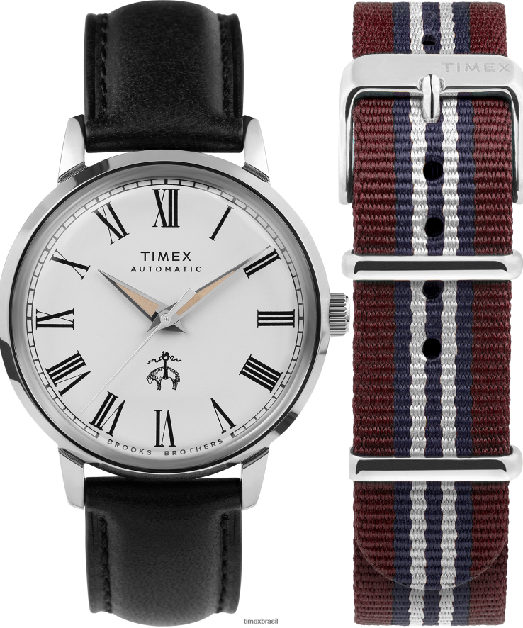 relógios | Timex x homens Conjunto de pulseira de couro e pulseira de tecido automática Brooks Brothers Marlin de 38 mm XFN60X174 aço inoxidável/preto/creme