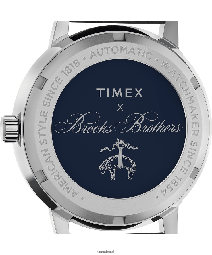 relógios | Timex x homens Conjunto de pulseira de couro e pulseira de tecido automática Brooks Brothers Marlin de 38 mm XFN60X174 aço inoxidável/preto/creme