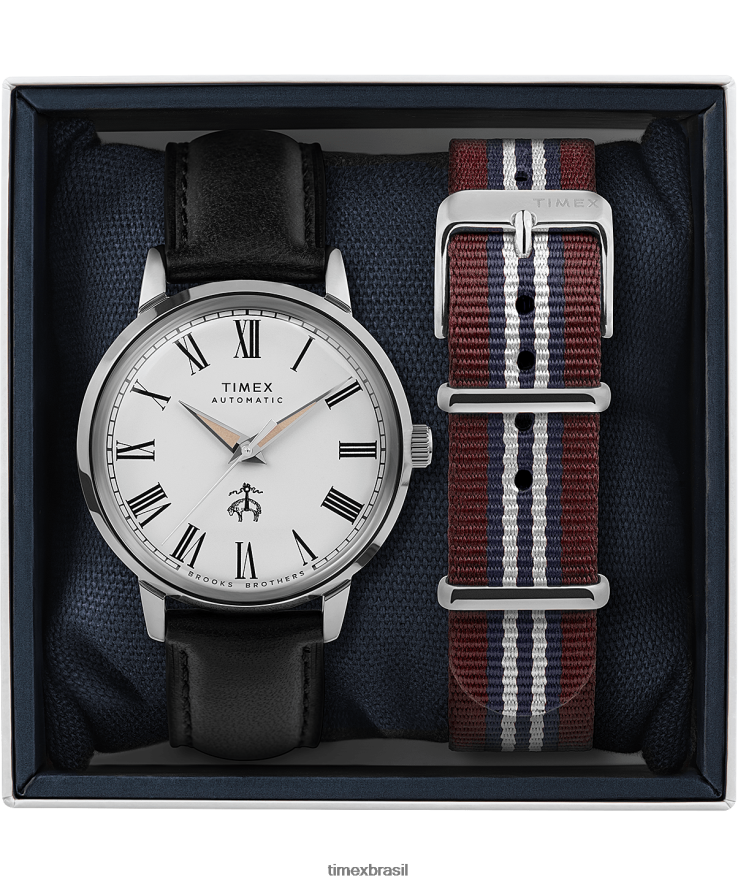 relógios | Timex x homens Conjunto de pulseira de couro e pulseira de tecido automática Brooks Brothers Marlin de 38 mm XFN60X174 aço inoxidável/preto/creme