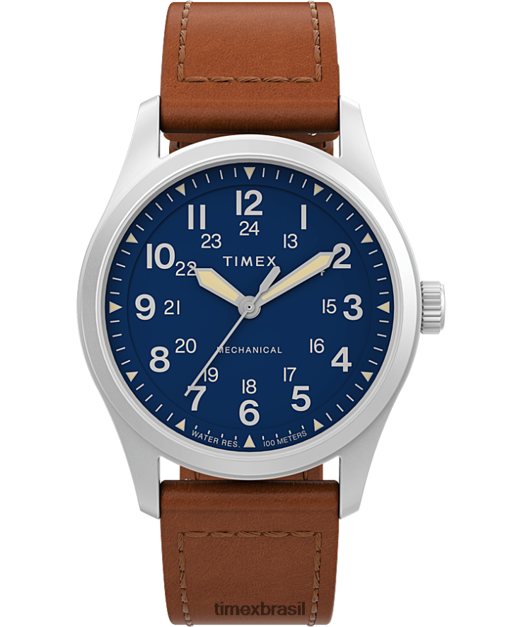 relógios | Timex homens Expedição North Field Post Relógio mecânico com pulseira de couro ecológico de 38 mm XFN60X34 aço inoxidável/marrom/azul